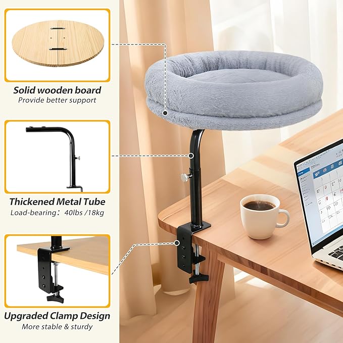 Sunhoo Cat Desk Bed 360° Rotating Height Adjustable Desktop Mount Hammock Kitten Perch Easy Setup Kitty Nest Table Clamp-on Attachment for Indoor Cats Washable 17" Diameter Hold Up to 40lbs（Grey）
