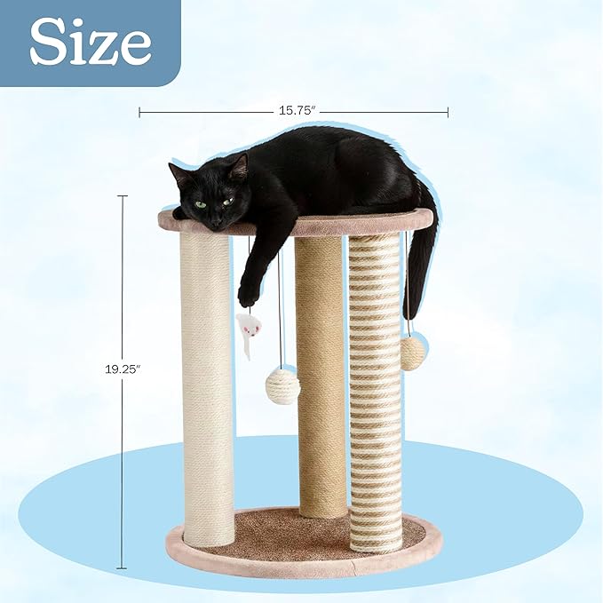 Cat Scratching Post - 3 Scratcher Posts with Carpeted Base Play Area and Perch - Furniture Scratching Deterrent for Indoor Cats by PETMAKER (Brown), Large