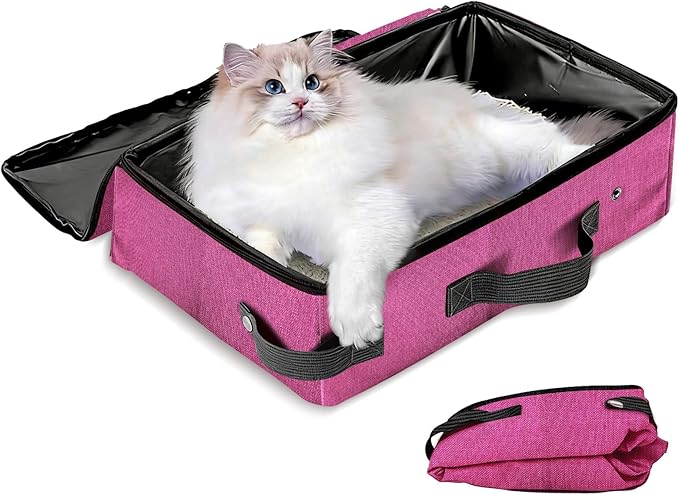 Foldable Travel Litter Box for Cats, 16 * 12 * 6 inches Portable Litter Box with Zipped Lid, Lightweight & Easy to take, Cat Essentials for Outdoor Long Distance Traveling & Camping - Pink