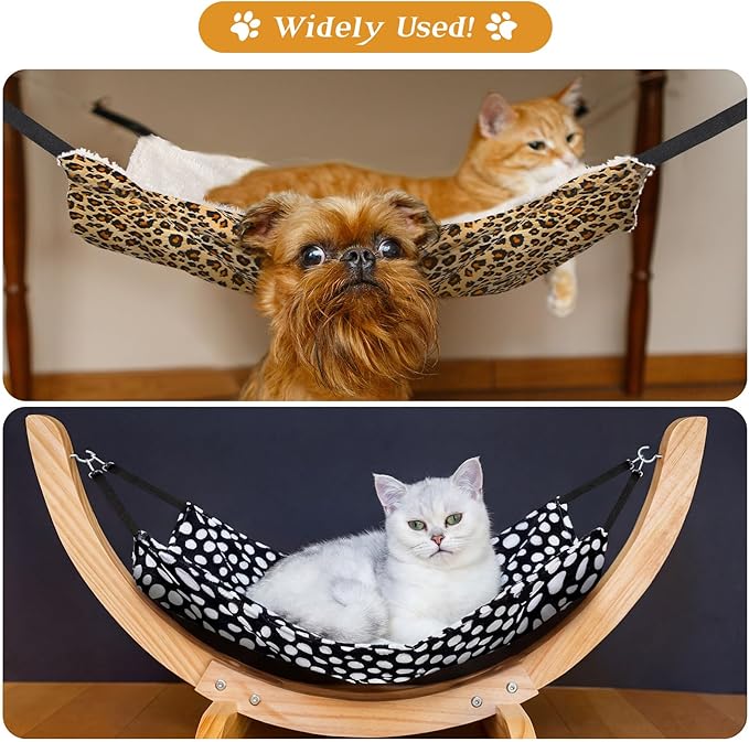 Jetec 2 Pack Cat Hammock for Cage, Catio Accessories Reversible Soft Cats Bed with Adjustable Straps and Hooks Double-Sided Linen and Fleece Hanging Hammock for Cats, Kitten(Leopard and Dot,M)