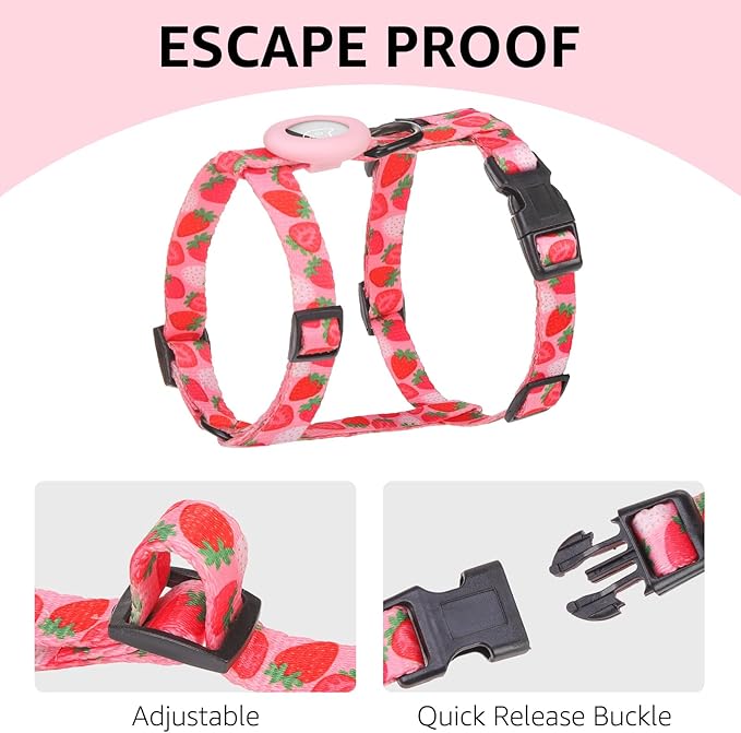 SCENEREAL Adjustable Cat Harness and Leash Set with AirTag Holder, Escape-Proof Design for Small to Large Cats, Lightweight Soft Travel Harness, Pink Strawberry