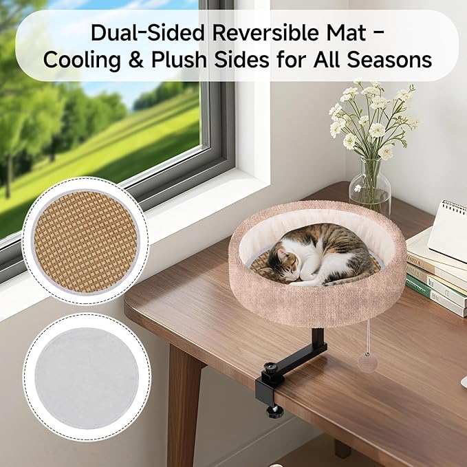 Chumajor Cat Desk Bed - 360° Rotating & Adjustable, Supports 50 lbs, Soft Faux Fur with Dual-Sided Reversible Mat, Modern Indoor Cat Nest Furniture for Office Desks and Game Tables, Island Table