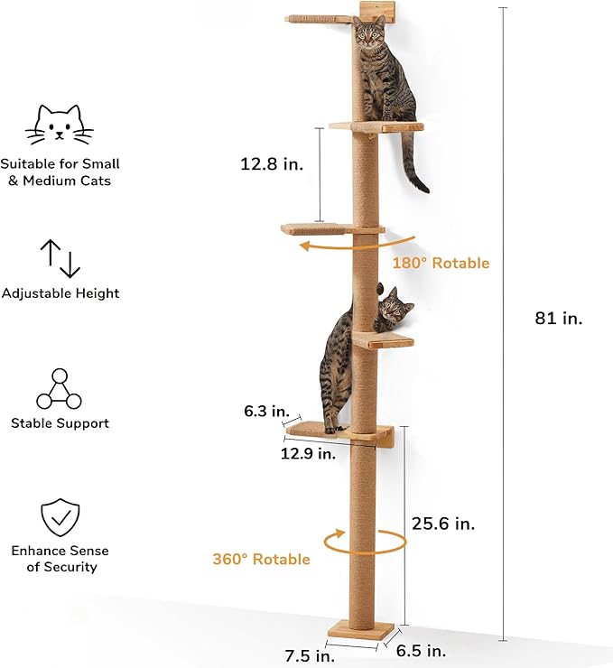 FUKUMARU Wall-Mounted Cat Tree for Small & Medium Cats, 5-Tier Tall Cat Climbing Tower with Scratching Post, Indoor Cat Wall Shelves for Climbing, Scratching & Lookout