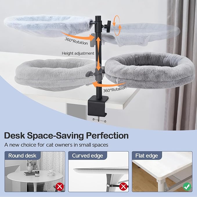 Odoland 2 in 1 Cat Desk Bed - Cat Hammock for Home Workers - 360 Rotating Adjustable Heigh Desktop Perch Clamp with Replace Mattress - Max Weight 80LBS for Kitten Adult Cats Small Pet