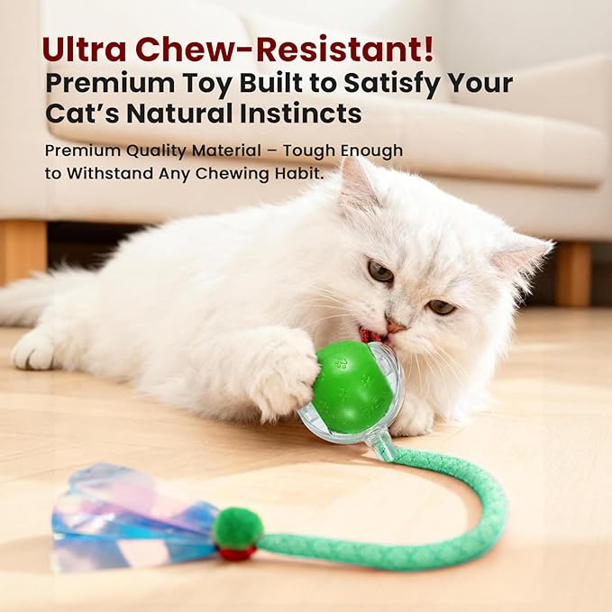 Rocfish Cat Toys, Cat Toys for Indoor Cats, Cat Toys Interactive, 360° Rotating Automatic Interactive Cat Ball, Smart Activation, LED Light, Type-C Rechargeable, 3 Replaceable Dragonfly Tails (Green)