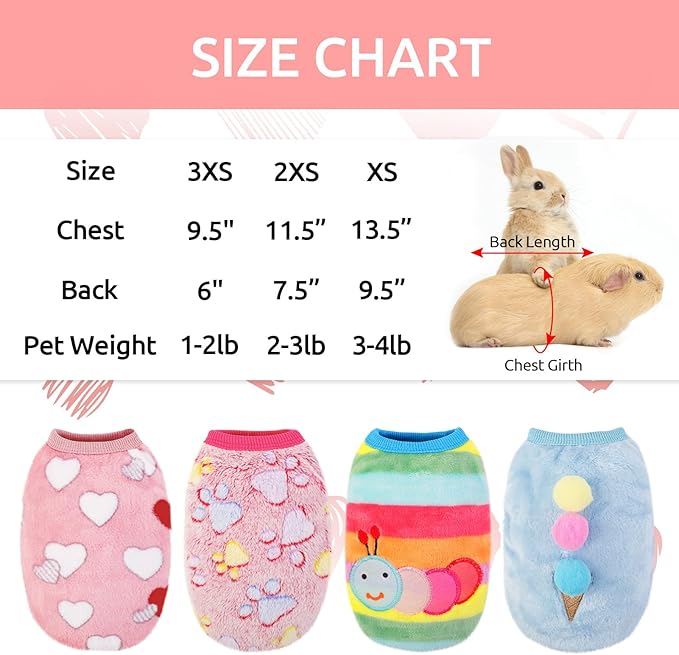 4 Pack Guinea Pig Clothes Rabbit Warm Vest Flannel Fleece Pet Costume T-Shirt for Small Animal Kitten Ferret Chihuahua Puppy (Rainbow, XX-Small)