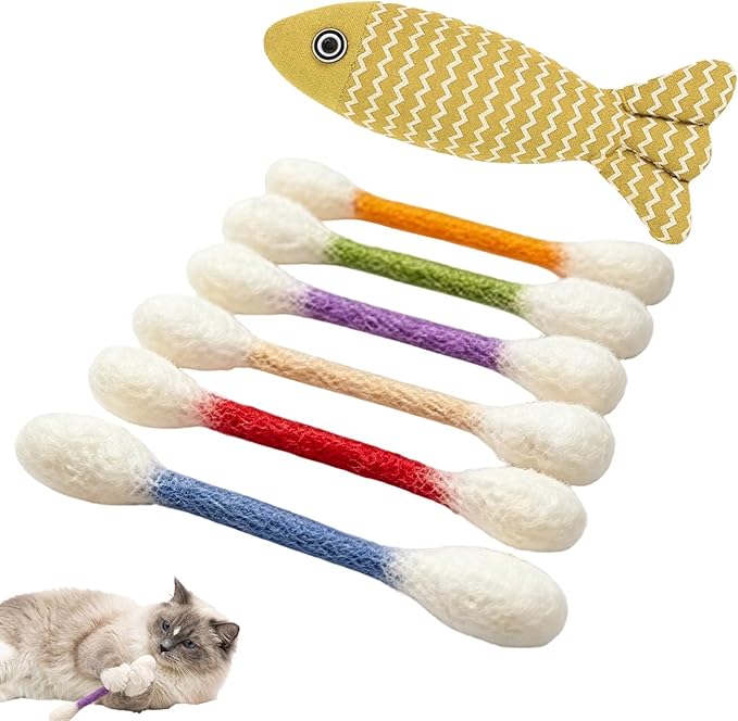 7-Piece Set 5.9inch giant q tip cat toy and 8inch Mint linen imitation fish,Qtip Cat Toy for Interactive Play Sessions and Anxiety Relief, Giant Qtip Toy for Indoor Cats with Stomach Discomfort