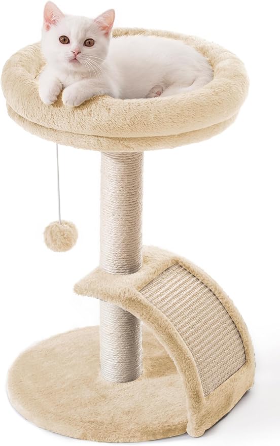 Goozii Cat Scratching Post Tower for Indoor Cats, Small Cat Tree Tower with Bed and Hanging Ball Toys, Short Modern Carpet Kitten Scratcher Stand with Large Round Perch and Scratch Ramp (Beige)