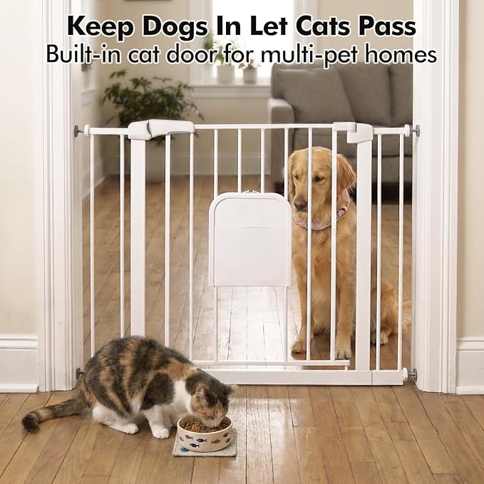 Metal Pet Gate with Cat Door, Adjustable Dog Gate for Doorways & Stairs, Pressure Mounted, Auto-Close, No Tools Needed, 31-46 Inches, White