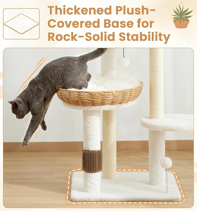 Made4Pets 32in PE Rattan Cat Tree Tower, 2 Large Handwoven Nest Baskets with Soft Cushions, Scratching Post, Stable Wicker Cat Tree with Groomer & Hanging Ball Toys for Adult and Kittens