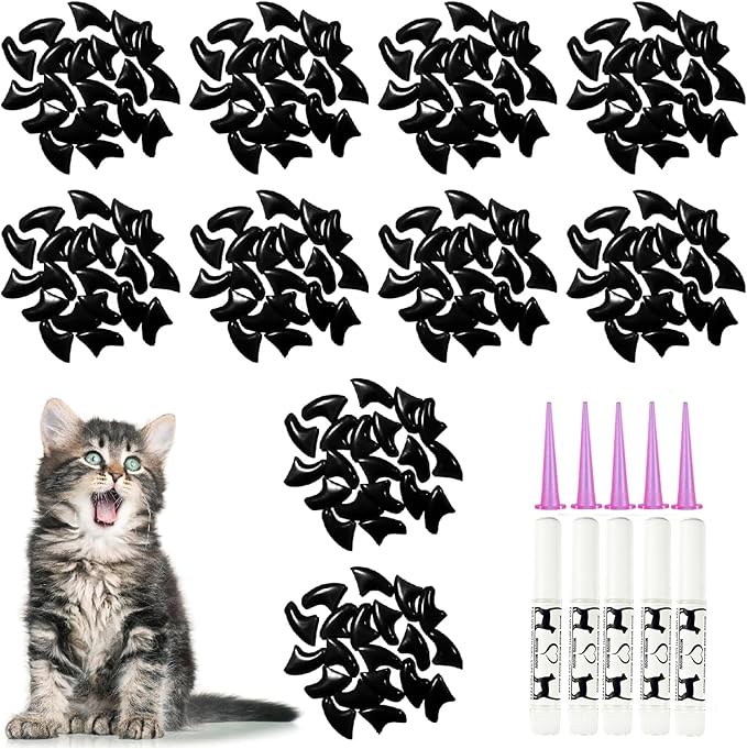 100 pcs Cat Nail Caps | Cat Claw Covers with Adhesives and Applicators | Black (XS)