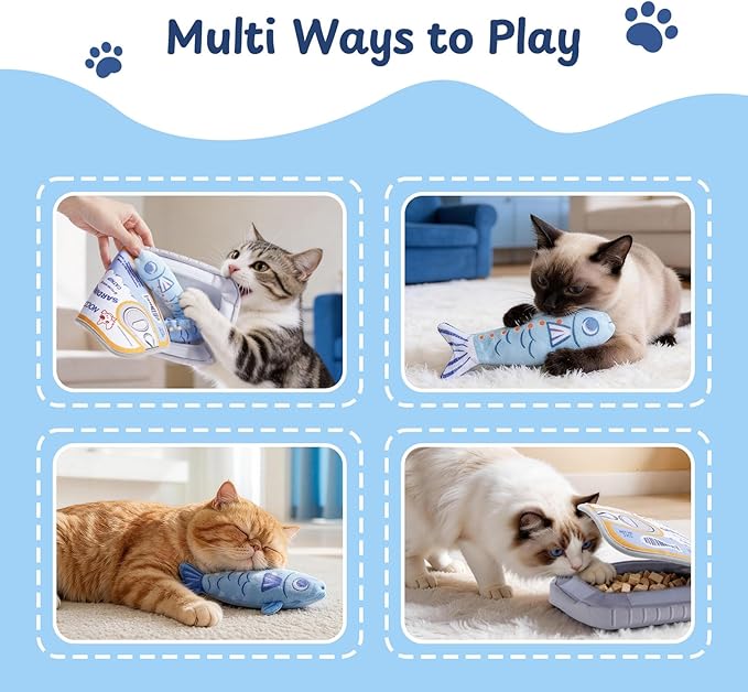 Nocciola Catnip Toys for Indoor Cats - 3 Pack Cat Toys Fish with Sardine Can Pouch, Cat Nip Toys Cat Kicker Toy with Crinkle Paper, Interactive Cat Toy for Kitten Enrichment, Cat Gifts