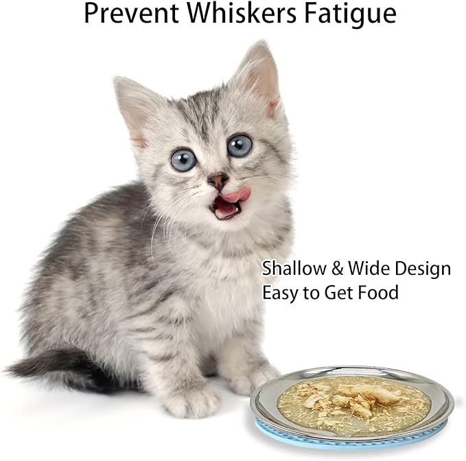 Cat Food Plate - Stainless Steel Bowls Dishes Relief Whisker Fatigue Cat Plates Shallow Bowl with Non-Slip Mats for Wet Food (6 Inch)
