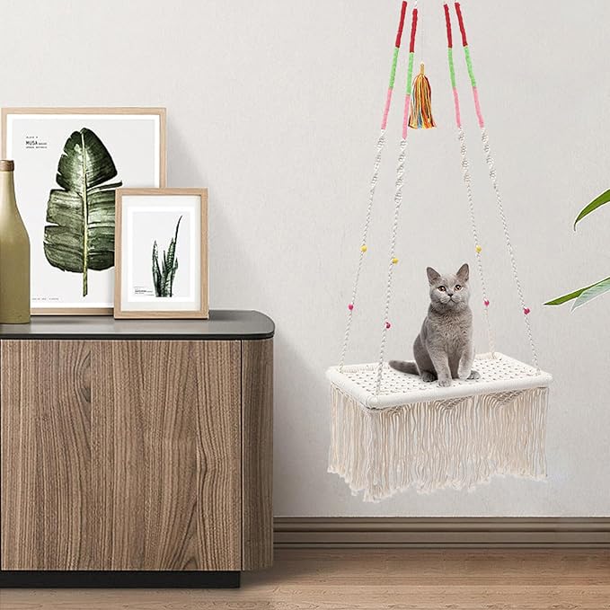 TEHAUX Macrame Cat Hammock Bed Hanging Kitten Nest Sturdy Decorative Indoor Swing Bed for Cats and Kittens Pet Furniture