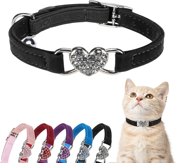 BINGPET Diamond Cat Collar,Adjustable Soft Velvet Leather Safe Kitten Collar with Crystal Heart Charm and Bells,Girl Boy Bling Stylish Cat Collars with Safety Elastic (Black, Neck Girth 8"-10"