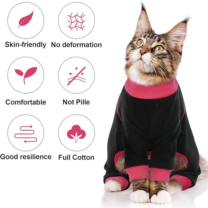 QBLEEV Sticky Hair Cat Clothes, Soft Cat Pajamas for Cats Only, Prevent Lost Fur Kitten Sweater Onesie, Stretchy Recovery Suit for Female Male Cats After Surgery Daily Wear, Black, XL