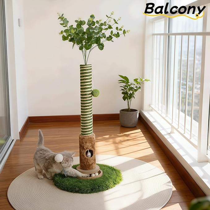 Cat Scratching Post, Two Tone Tall Sisal Scratch Pole For Indoor Cats,Artificial Turf Base Cat Tower With Hanging Toy,Double Ball Track & Simulated Mouse Hole,Strong Post For Kittens/Cats (35 in Post)