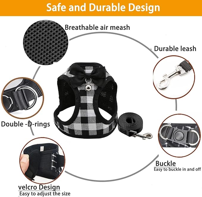 Cat Harness and Leash Escape Proof,Breathable Soft Kittens Vest for Cats Dogs, Escape Proof with Bell and Bow-Knot Decoration Christmas Medium…