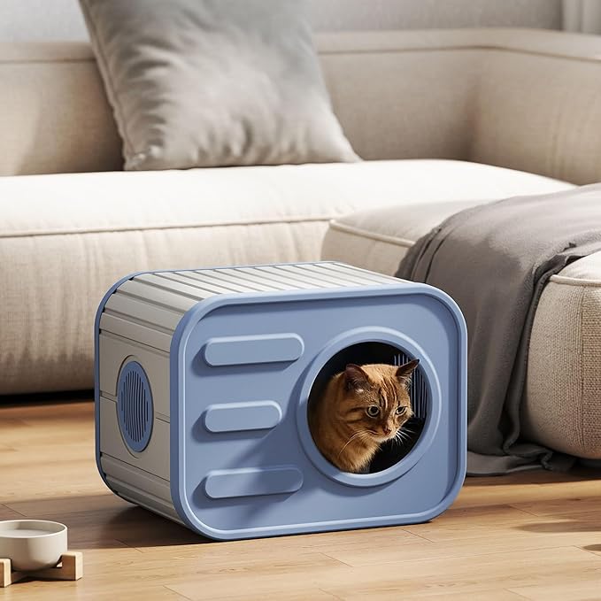 Insulated Outdoor Cat House,Plastic Feral Cat Houses for Outdoor Indoor Cats with Camera Appearance & Large Door,Stackable Cat Houses & Condos,Spacious Cat Bed Cave,Easy to Clean,Blue