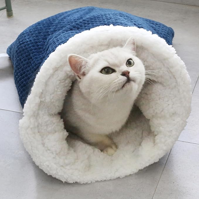 Hibycknl Cat Sleeping Bag - Soft Plush Large Self-Warming Bed for Winter, Cosy Cave 360 Wrap Comfortable Pet Snuggle Sack for Cats up to 6kg, Dark Blue