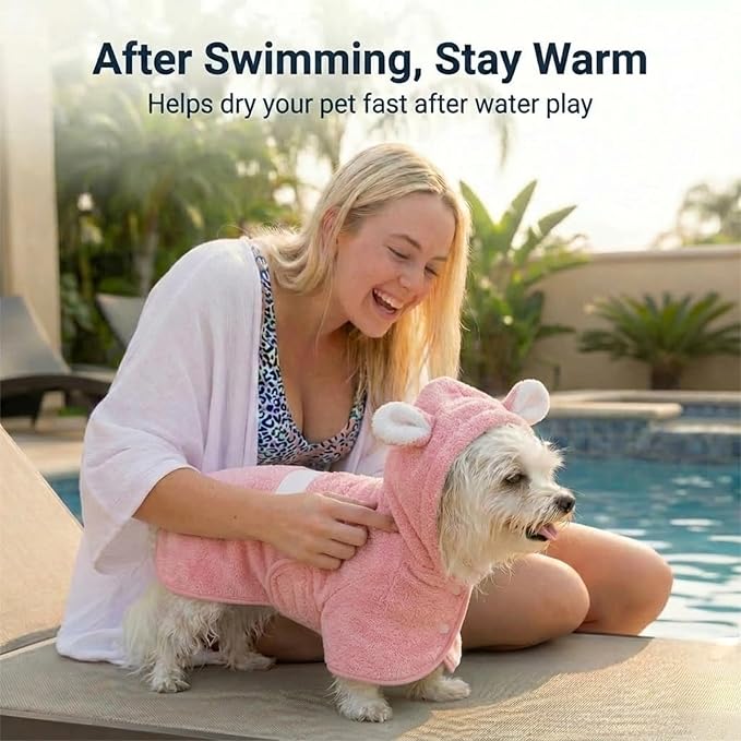 Dog Bathrobe Super Absorbent Towel for Small Dogs Cats Fast Drying Dog Robe Coat with Hood Puppy Cat Bath Towel Wrap Pet Grooming Supplies After Shower (S,Deep Pink)