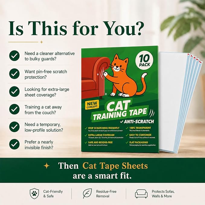 Cat Scratch Deterrent Tape – 10 Double-Sided Anti-Scratching Sticky Tape – Protect Furniture & Train Cats to Stop Scratching – Effective Cat Training Tape for Sofas & Couches