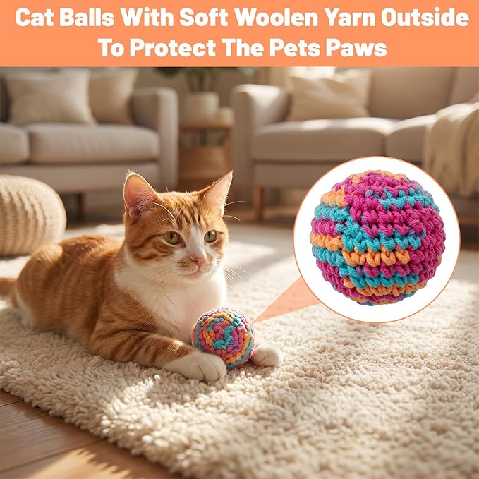 CIATBYYJ 4Pcs 1.57" Yarn Cat Toy Balls, Hand-Crocheted Yarn Cat Ball with Bell Inside, Kittens Chew Toys for Indoor Cats Kitty, Interactive Cats Nip Chew Toys for All Pet Breed