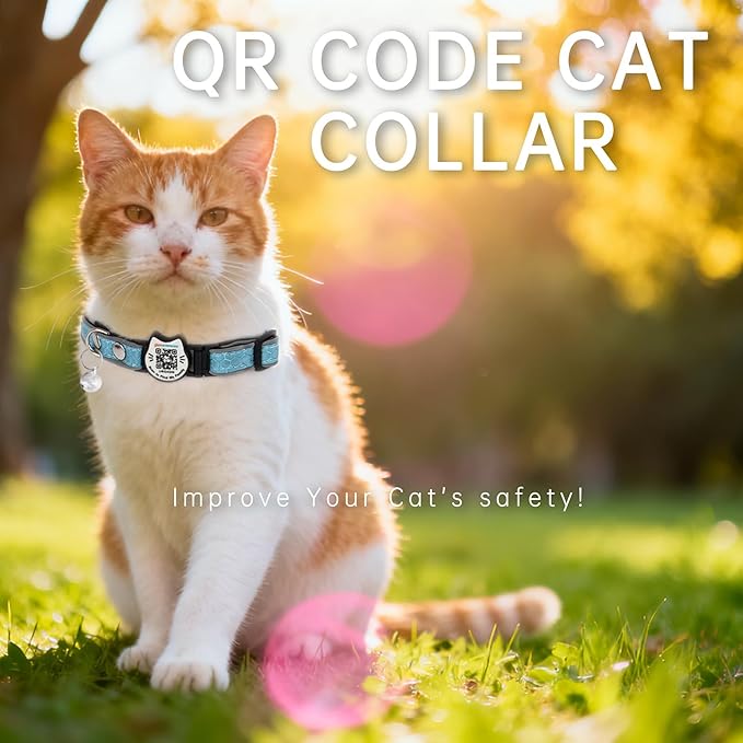 Cat Collar with Bells Reflective Cat Collars Breakaway with Oxford Cloth Soft Padding Adjustable Kitten Collar with QR（CodeCaribbean Blue）