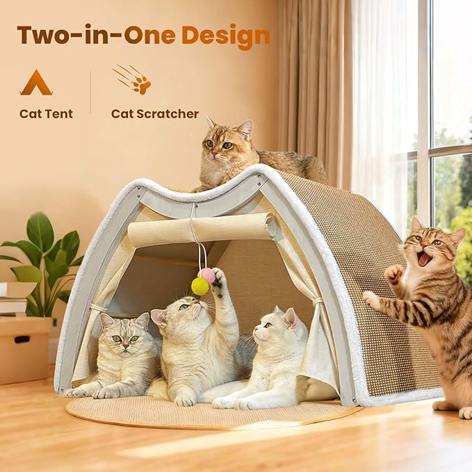 Cat Houses for Indoor Cats - Large Cat Bed Cave with Natural Sisal Cat Scratcher Mat, Solid Wood Frame Cat House with Curtains and Cat Floor Scratching Pad Rug, Protect Couch and Carpets, L