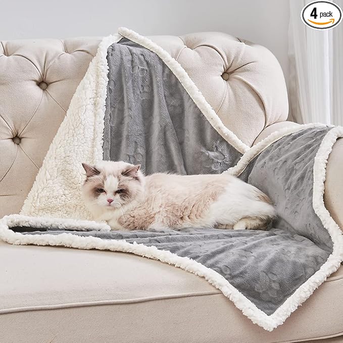 Qeils 1 Pack 4 Dog Blankets for Small Dogs - 4 pcs Waterproof Dog Blanket Washable - Soft Sherpa Fleece Puppy Blanket for Kitten Doggy, Warm Cat Blankets for Indoor Cats, 25"X30", Grey