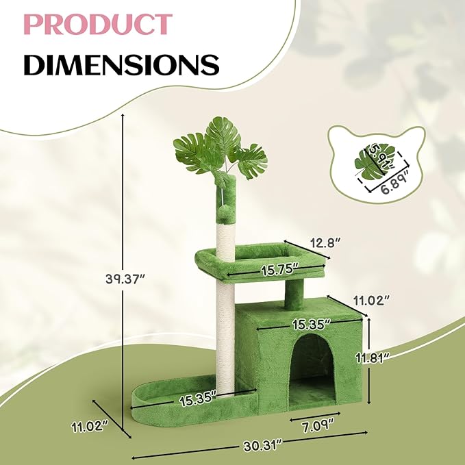 VINGLI Cat Tree, Cat Tower with Leaves, Cat Condo for Indoor Kittens, Cats Activity Center with Cozy Hammock, Sisal Scratching Posts, Green (40" H)