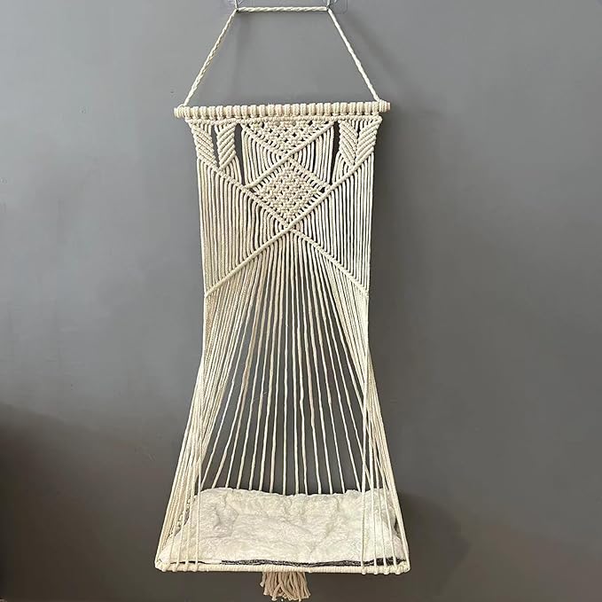 Macrame Hanging Cat Hammock Cat Swing Bed for Indoor Cats, Boho Cats Perch Bed for Sleeping, Playing, Climbing, and Lounging (Beige)