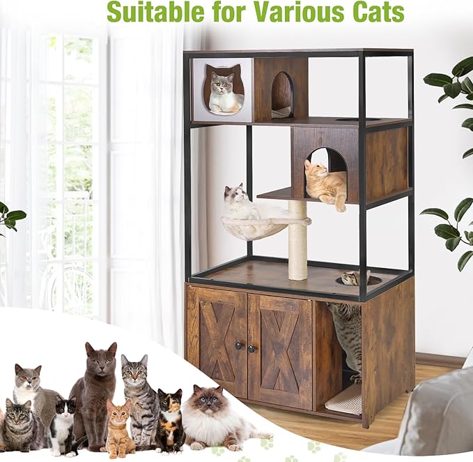 GUTINNEEN Cat Litter Box Enclosure with 4 Levels Cat Tree, 57.5 Inch Indoor Hidden Covered Cat Beds & Furniture, Cat House for Multi Small Pet Large Kitten Kitty