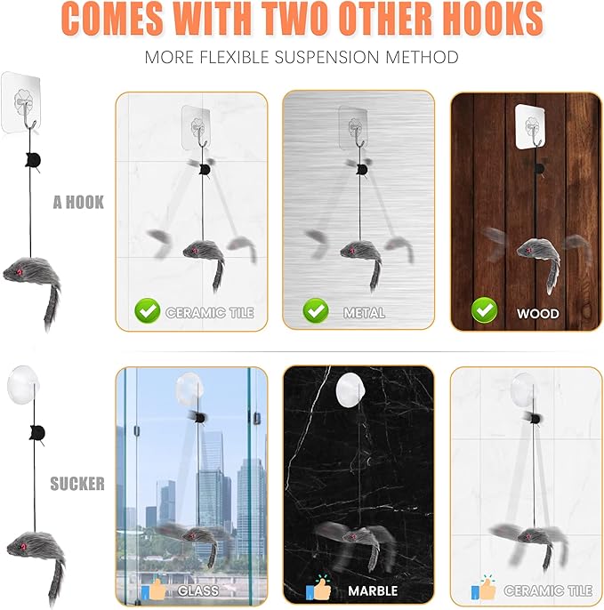 FYNIGO 2 Pcs Interactive Cat Toys for Indoor Cats & Kittens, Hanging Door Mouse Toy Set for Self Play, Bungee String Plush Mice with Clips, Hooks & Suction Cups