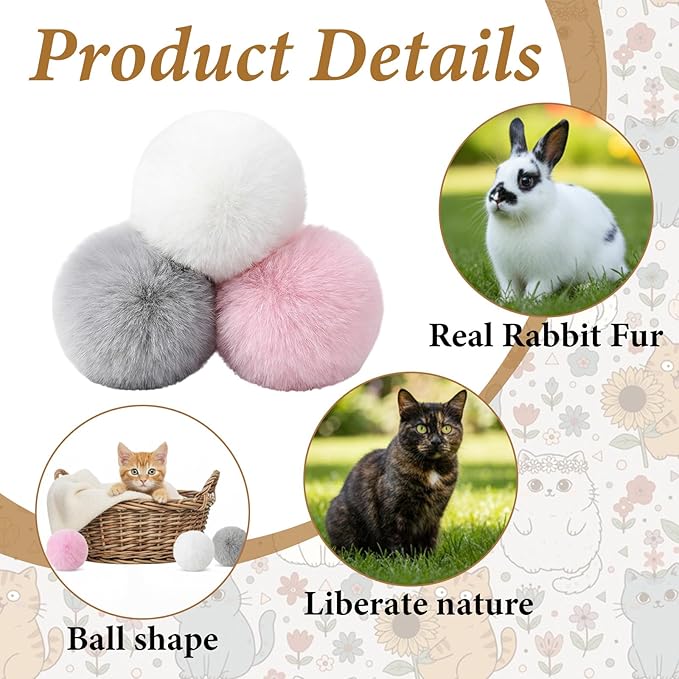 Abeillo 9 Pieces Furry Cat Toys Fuzzy Cat Balls Toys Pom Pom Kitty Ball Cute Rolling Cats Toy Artificial Plush Ball (Pink, Grey, White)