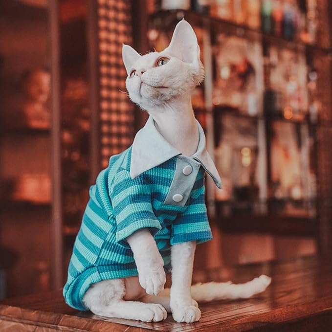 Super Soft Sphynx Cat Shirt Cotton Hairless Kitten Polo T-Shirt with Sleeves Pullover Cat Pajamas for Sphynx Cornish Rex, Devon Rex, Peterbald (Sea Blue, S (3.3-4.4 lbs))
