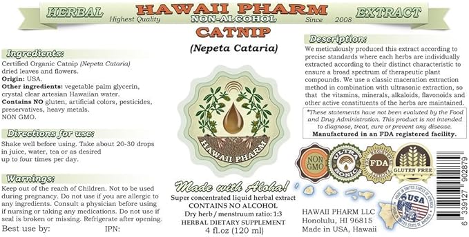 Catnip Alcohol-Free Liquid Extract, Catnip (Nepeta Cataria) Dried Leaf and Flower Glycerite Hawaii Pharm Natural Herbal Supplement 4x4 oz