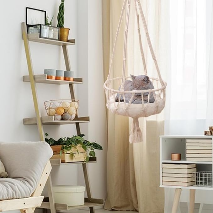 Cat Hammock, Space Saving Hanging Cat Bed Hammock Cat Swing for Indoor Cats, Boho Cat Swing Bed for Sleeping, Playing, Climbing, Lounging