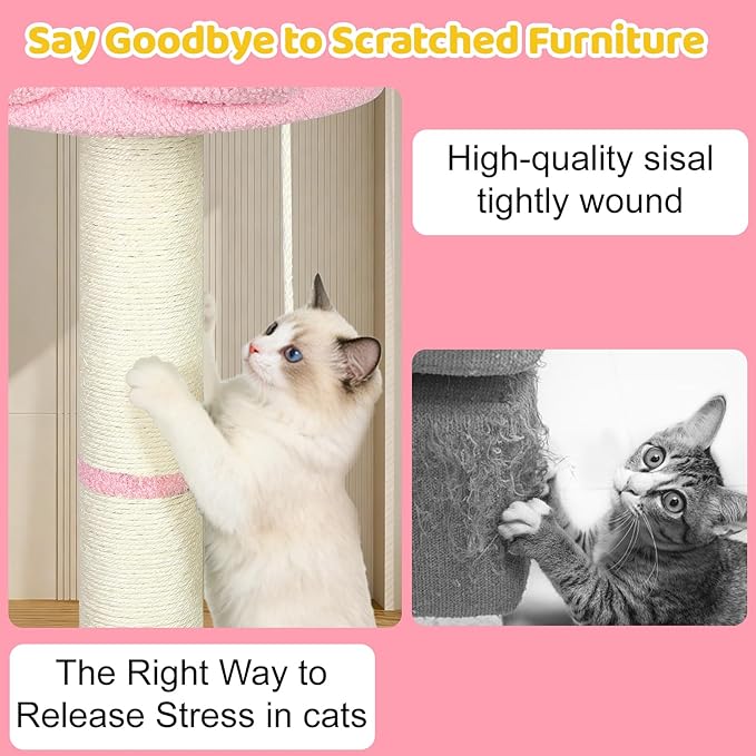 Tall Cat Scratching Post for Indoor Cats Adults, Cat Scratch Post with Sisal Rope Claw Scratcher, Solid Wood Cat Tower with Scratching Post and Cat Toys Mouse Hole, Flower Small Cat Tree (Pink Flower)