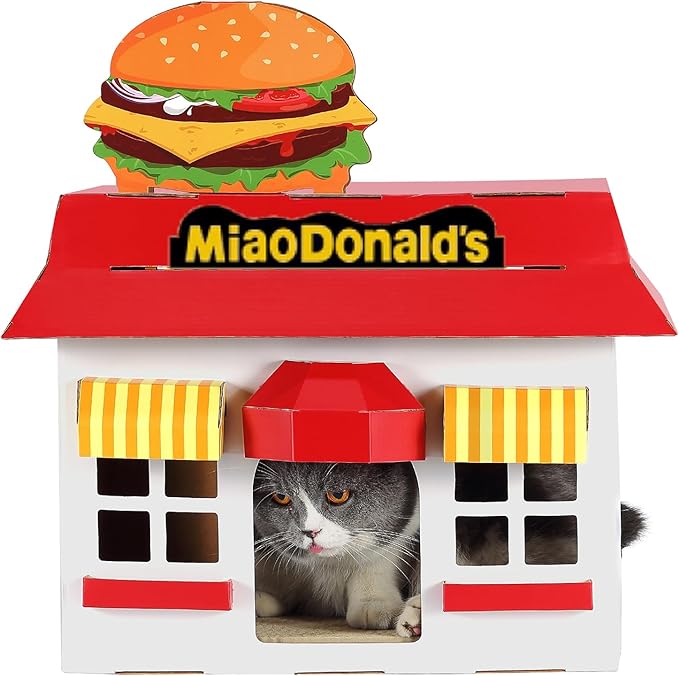 Cardboard Cat House with Scratcher – Burger Fast-Food Style, 19''L x12''W x18''H, Indoor Cat Playhouse & Hideout, Corrugated Cat Scratch Toy for Cats up to 22 lbs, Small Pets, Cute Home Decor Gift