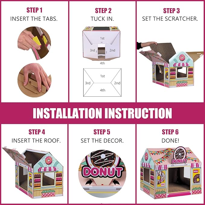 SEKAM Cardboard Cat House with Scratcher/Catnip (16.5'' x 12'' x 15''), Donut Shop for Indoor/Outdoor, Cat Scratch Box & Home Decor, Hideout for Small Animals
