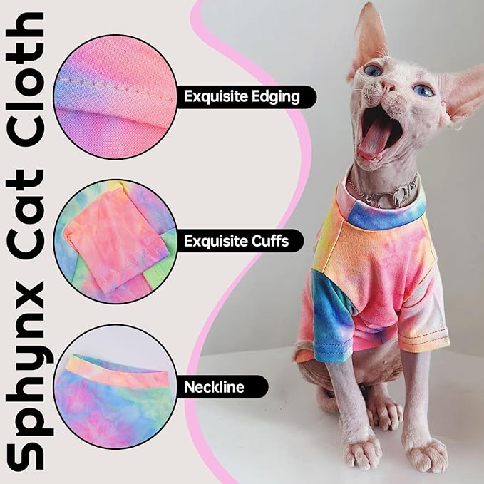 QBLEEV Sphynx Cat Clothes, Hairless Cats Rainbow Rendering T-Shirt for Spring Summer Autumn, Breathable Cat Wear Clothes Vest Shirts for Sphynx, Cornish Rex, Devon Rex, Peterbald