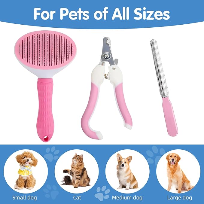 Aglads 3PCS Cat Rabbit Bunny Dog Grooming Kit, Self-Cleaning Slicker Cat & Dog Brush for Shedding, Fine-Needle Comb, Pet Nail Clipper & File for Long/Short-Haired Pets, Easy to Remove Loose (3, pink)