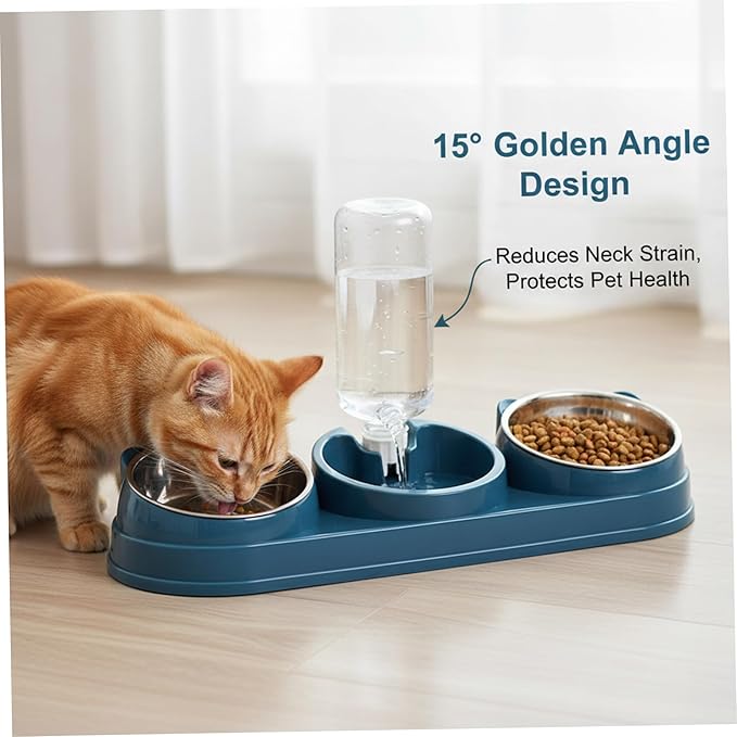 Cat Food and Water Bowl Set, 3 Bowl Cat Feeding Station with Automatic Water Dispenser, Elevated Tilted Bowls for Easy Eating, Dark Blue..