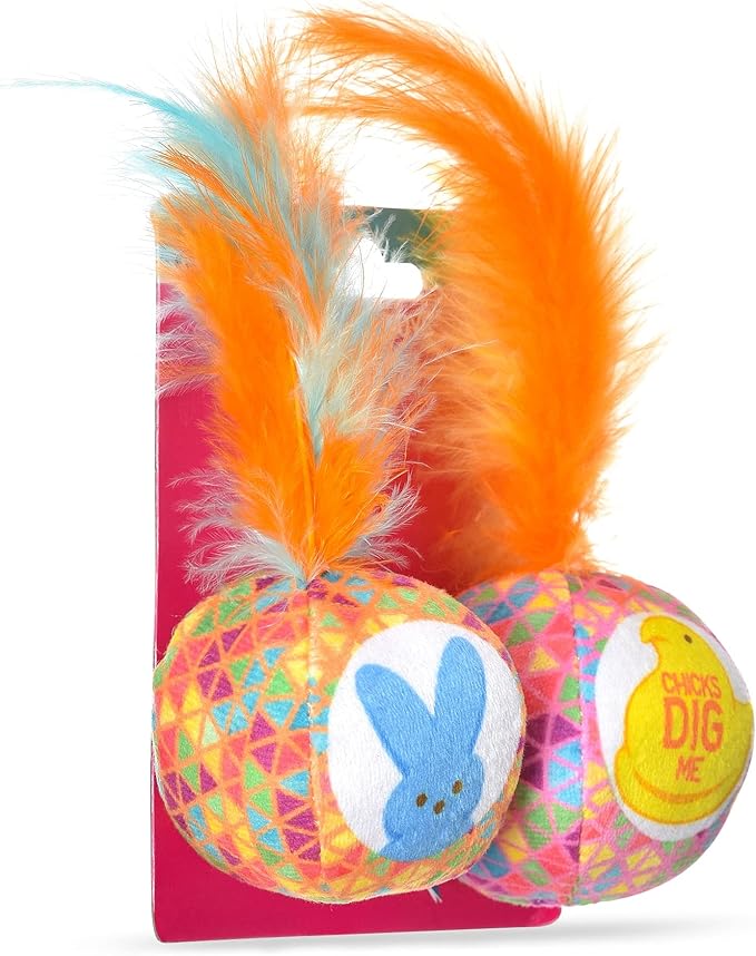 Peeps for Pets Jingle Bell Blue Bunny and Yellow Chick Catnip Cat Toys, 4''- 2 Count | Cat Toy Set with 2 Cat Toys | Catnip Cat Toys Feather Cat Toys Cat Bell Toy, Orange & Pink