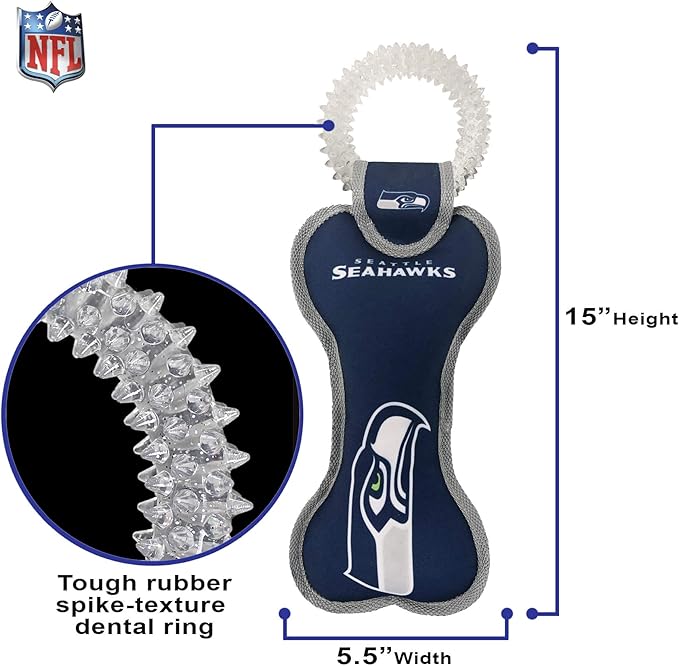 Pets First NFL Seattle Seahawks Dental Dog TUG Toy with Squeaker. Tough PET Toy for Healthy Fun, Teething & Cleaning Pet's Teeth & Gum., Team Color, one Size (SEA-3310)