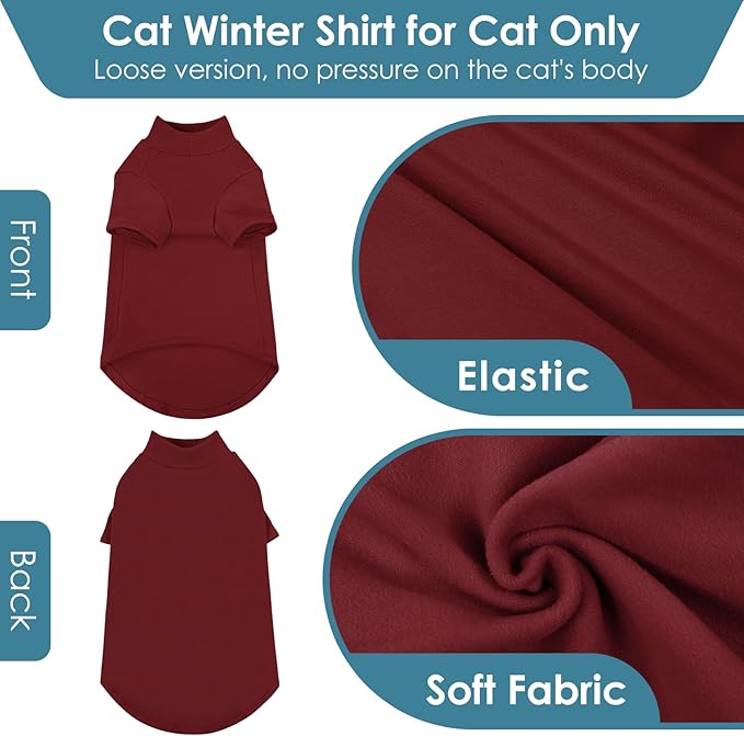 Turtleneck Sweater for Cat, Sphynx Hairless Cats Shirt Sweaters with Sleeves, Warm and Soft Kitten Pullover Fleece Winter Pajamas Jumpsuit for Puppy, Burgundy S