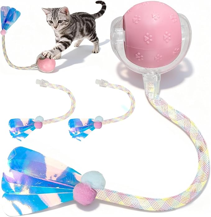 Rocfish Cat Toys, Cat Toys for Indoor Cats, Cat Toys Interactive, 360° Rotating Automatic Interactive Cat Ball, Smart Activation, LED Light, Type-C Rechargeable, 3 Replaceable Dragonfly Tails (Pink)