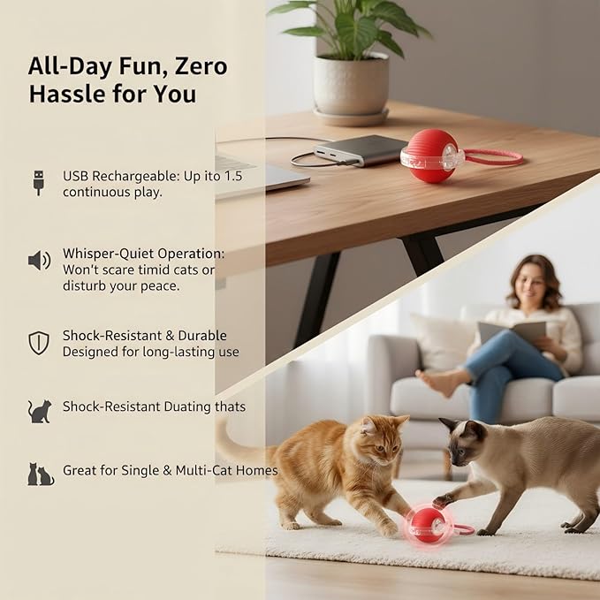 JBD Smart Cat Toy Ball for Indoor Cats, Automatic Interactive Cat Toy - Auto Rolling Kitten Toys for Boredom Relief, Silent Self Moving Electronic Pet Toy Ball for Exercise, USB Rechargeable