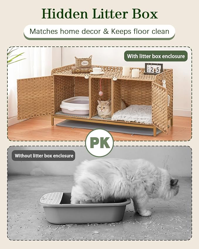 SETVSON Cat Litter Box Enclosure for 2 Cats, Hidden Litter Box Furniture with Mat, Large Rattan Cat House with Double Room and Door, 47.3 L x 19.7 W x 24 H, 2 S-Shaped Hooks for Living Room Natural
